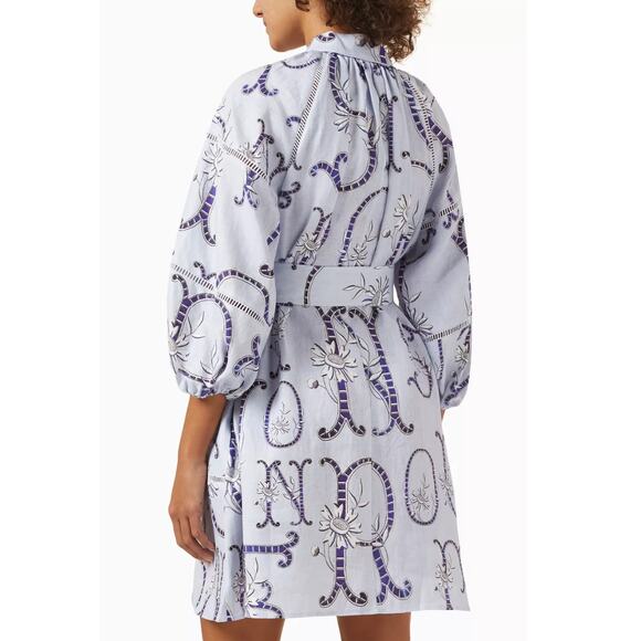 Oroton Dress Linen Lace Flower Smock Blue Floral Print Tie Neck Mini Dress 8 - Picture 7 of 10